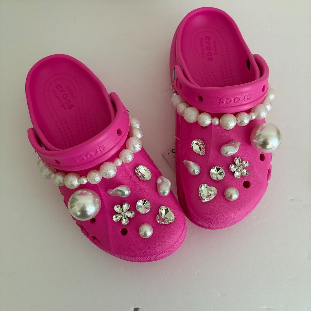 CROCS Baya Platform Clog Womens 7 Electric Pink DIY Pearl/Stone Embellishment